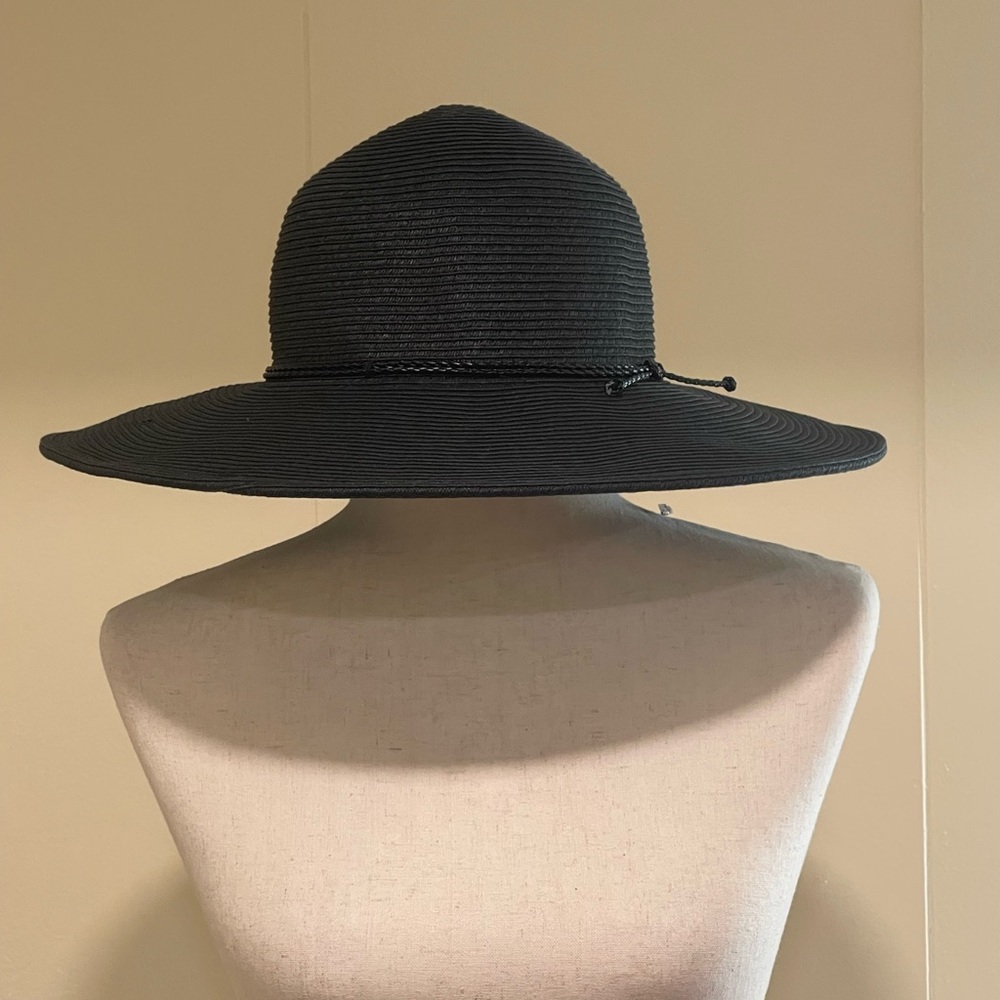 Nine West Floppy Sun Hat With Tie Band Black Beach Summer Vacation OS